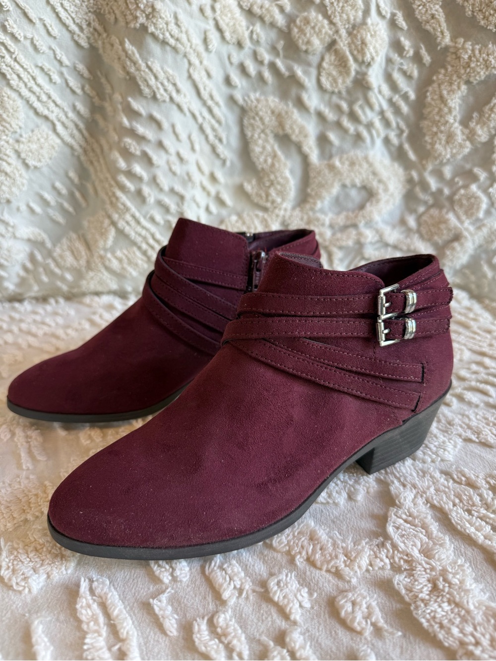 Style & Co. Burgundy Suede Ankle Booties with Buckle Straps 635